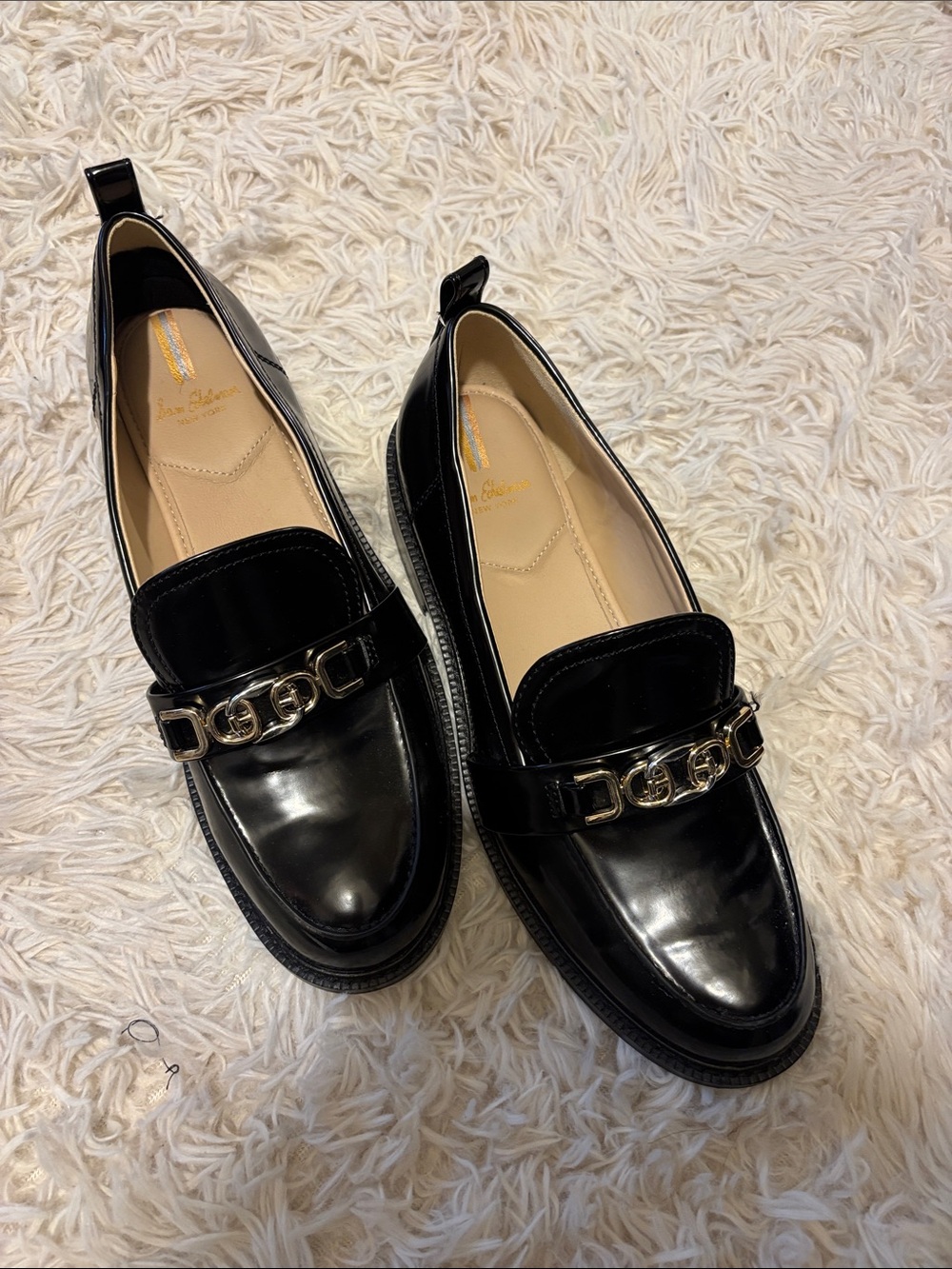 Sam Edelman Black Patent Loafers with Gold Chain Trim